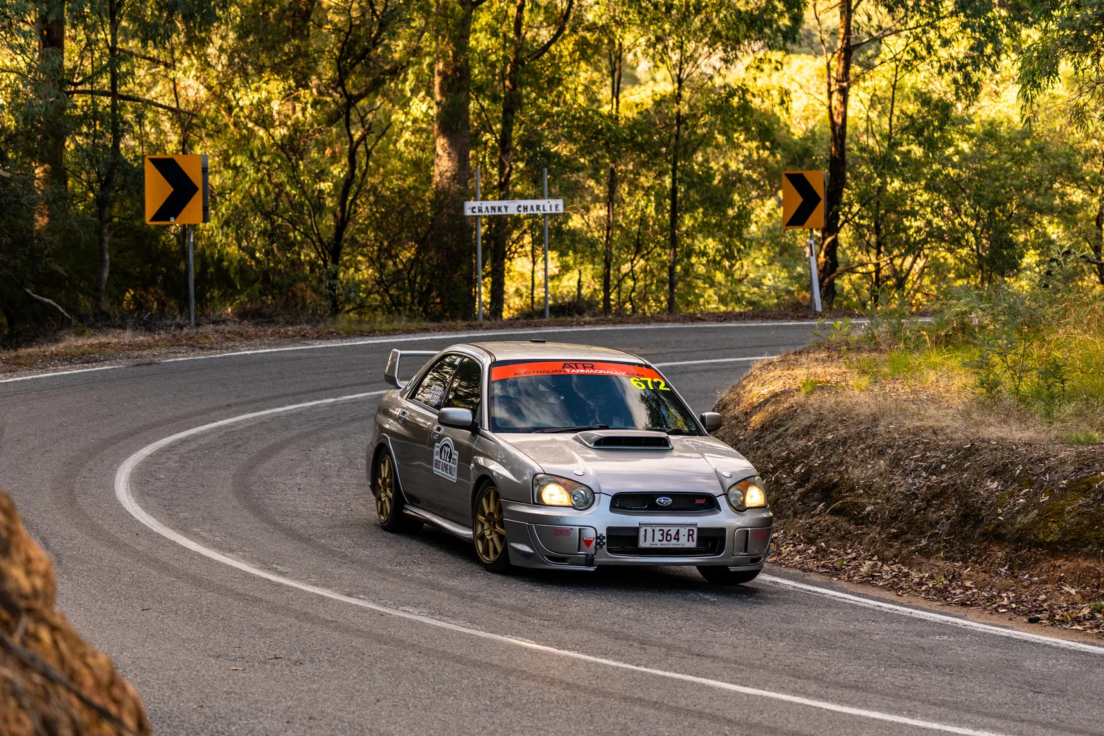 Shakewell Racing Subaru WRX STI cornering on an autumn tarmac mountain road at the Great Alpine Rally 2026