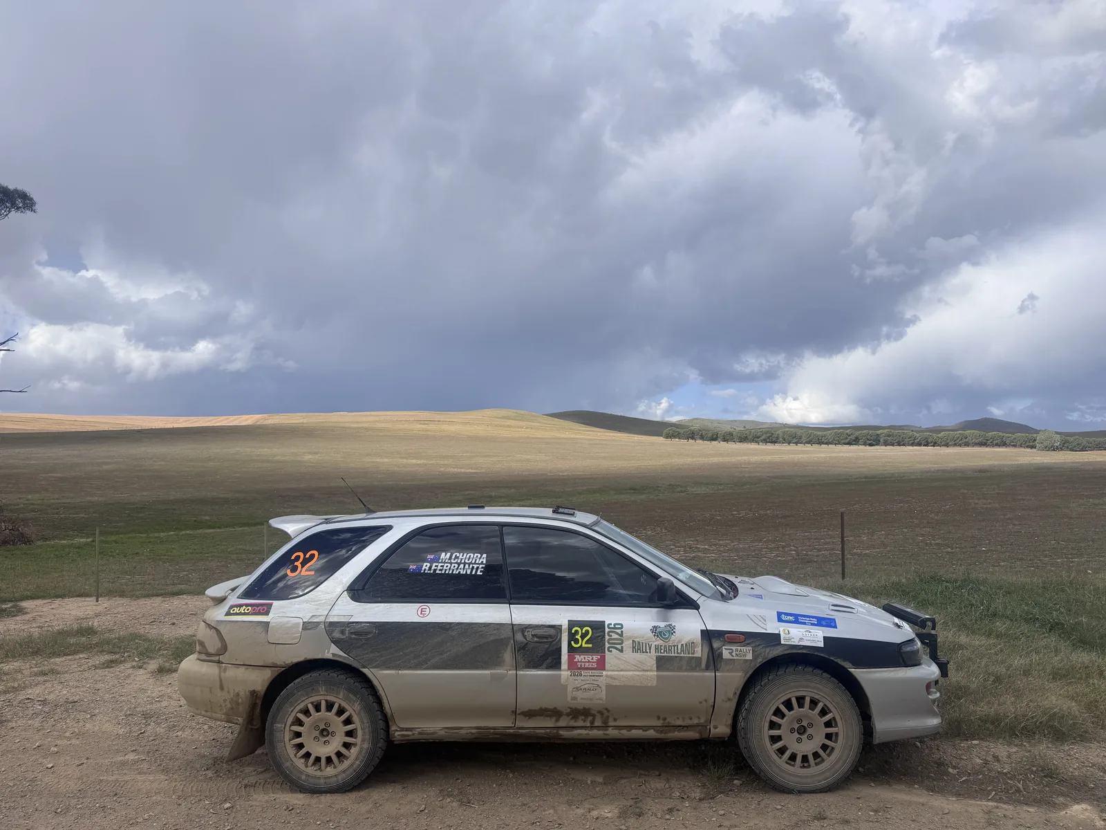 Shakewell Racing Subaru Impreza rally car under a big sky in South Australia at the Rally of the Heartland 2026