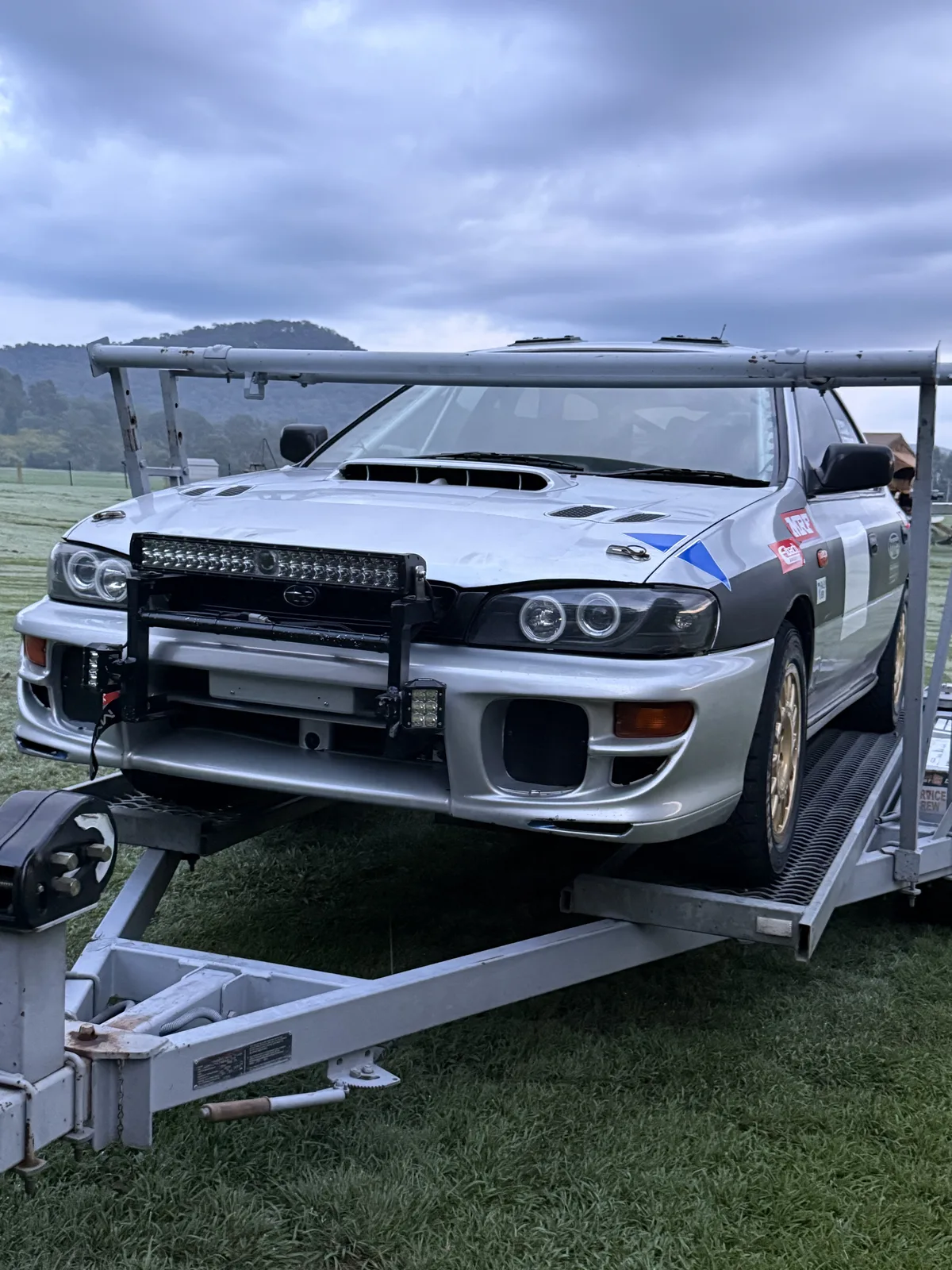 Shakewell Racing Subaru Impreza with light bar before the Mitta Mountain Rally 2026