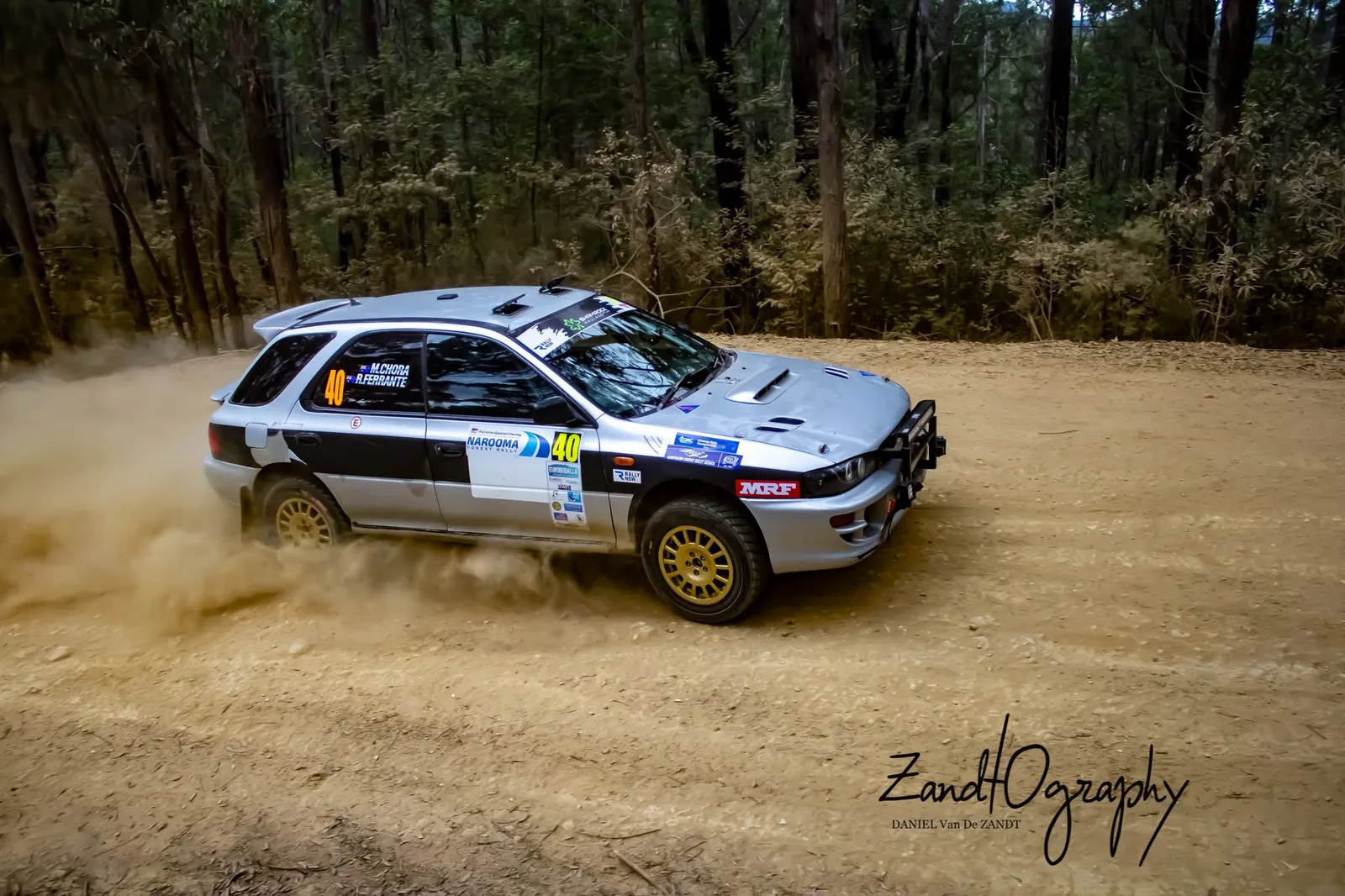 Shakewell Racing Subaru Impreza wagon throwing a dust cloud out of a gravel corner at the Lazer Rally of the Bay 2026