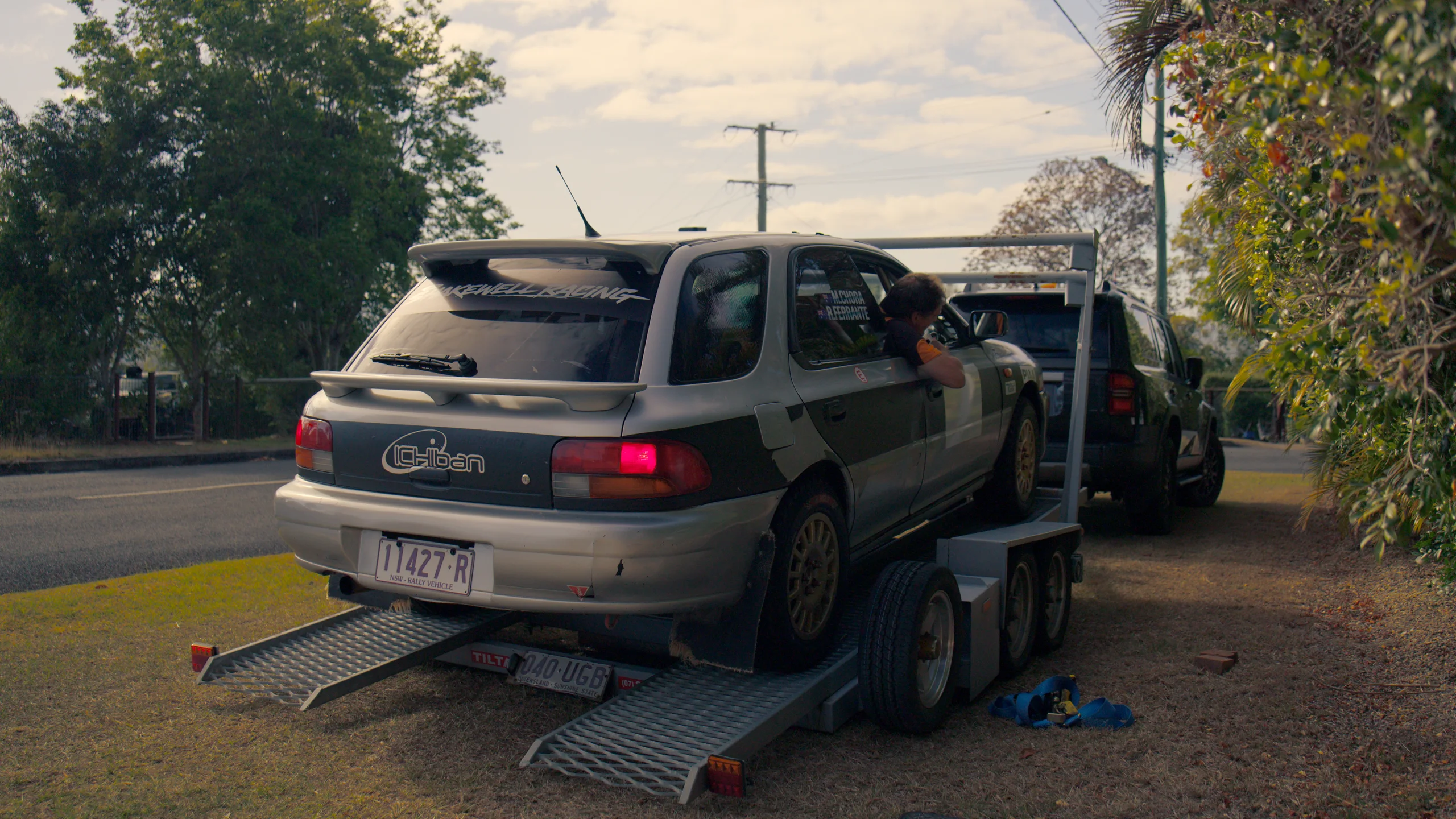The Shakewell Racing Subaru Impreza wagon loaded on its trailer, ready to leave for the Imbil Rally